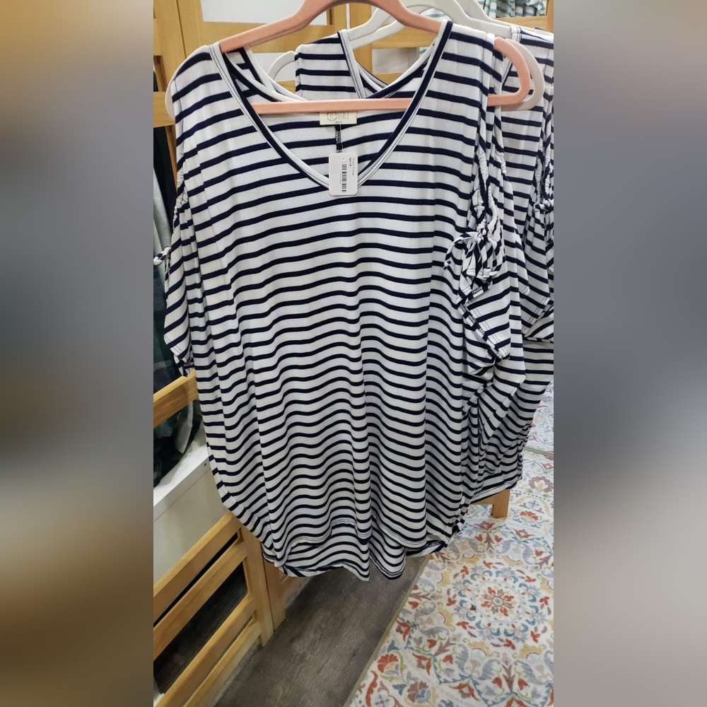 Striped Cold Shoulder Dolman- Navy